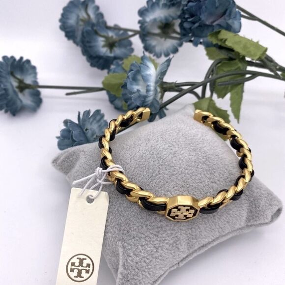 NWT Tory Burch Gold Logo,Black Leather Braided cuff Bracelet - Picture 2 of 9